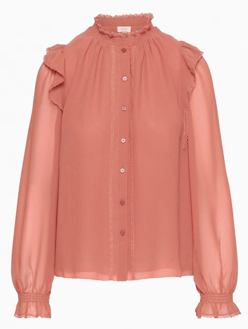 Wilfred Sheer Flowy "Tilda" Coral Ruffle-Trim Button Front Blouse (Size XS)